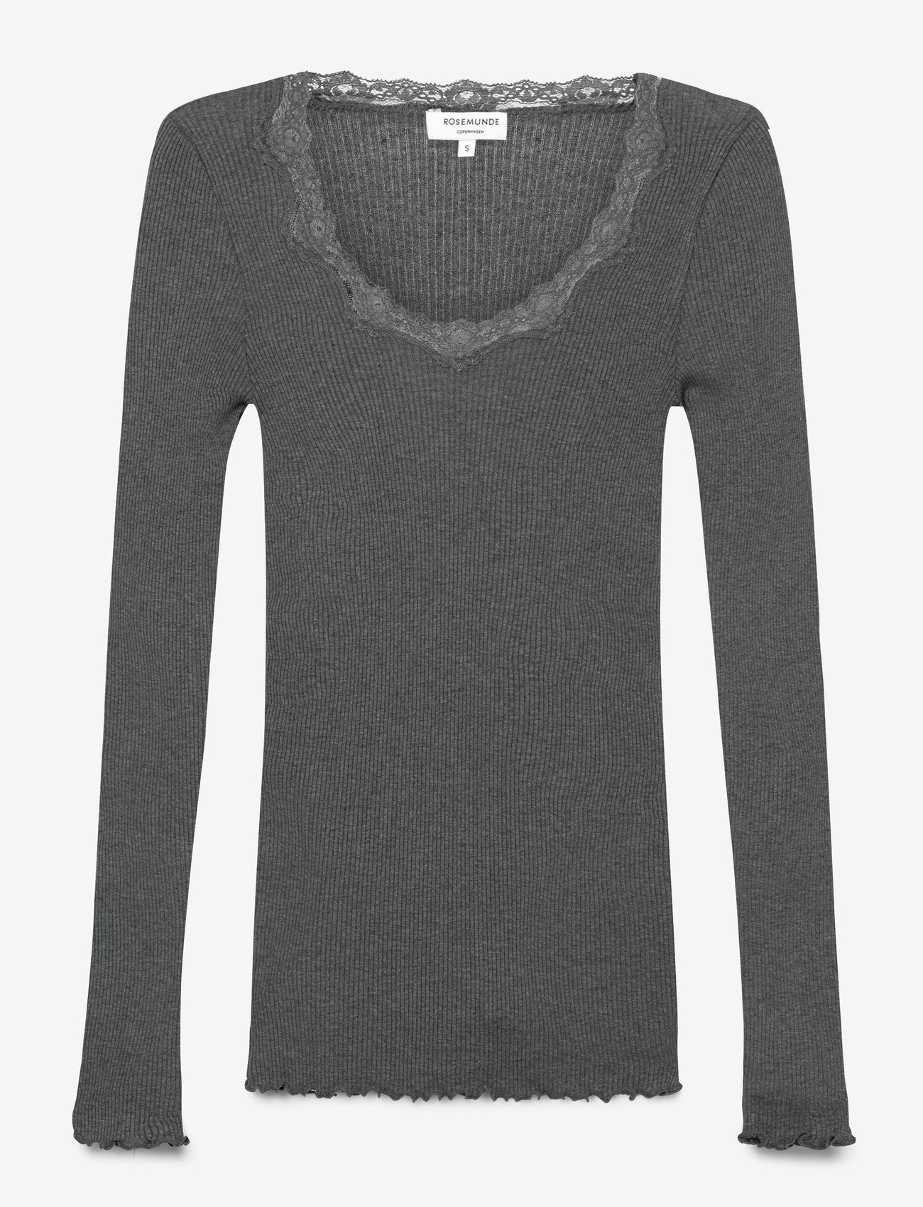 Rosemunde - RWBabette Silk LS U-neck Lace T-shirt - langærmede toppe - dark grey melange - 1