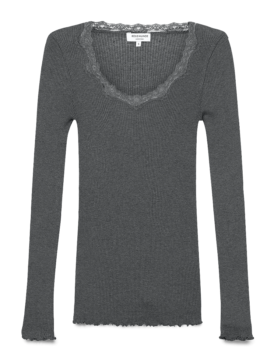 Rosemunde - RWBabette Silk LS U-neck Lace T-shirt - langärmlige tops - dark grey melange - 1