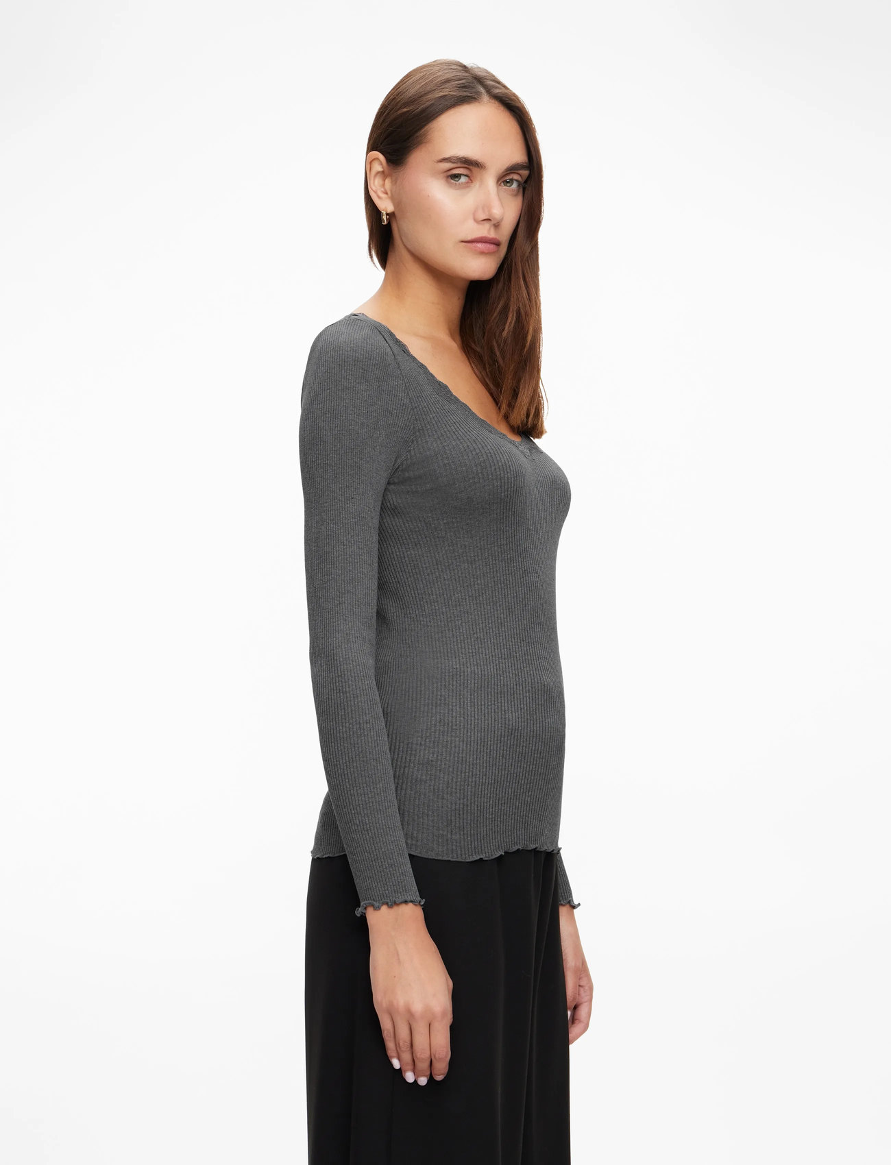 Rosemunde - RWBabette Silk LS U-neck Lace T-shirt - langærmede toppe - dark grey melange - 3
