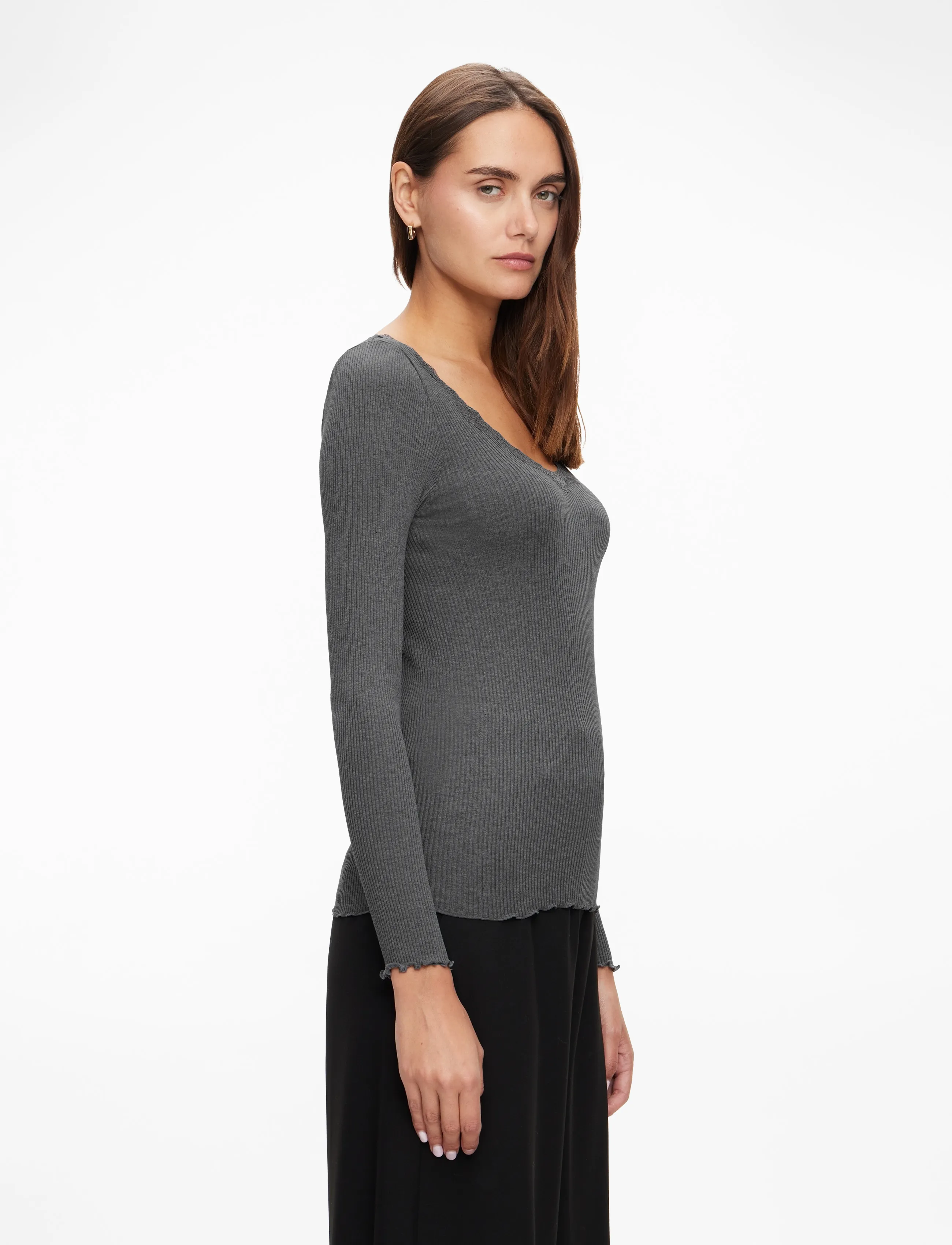 Rosemunde - RWBabette Silk LS U-neck Lace T-shi - langærmede toppe - dark grey melange - 3