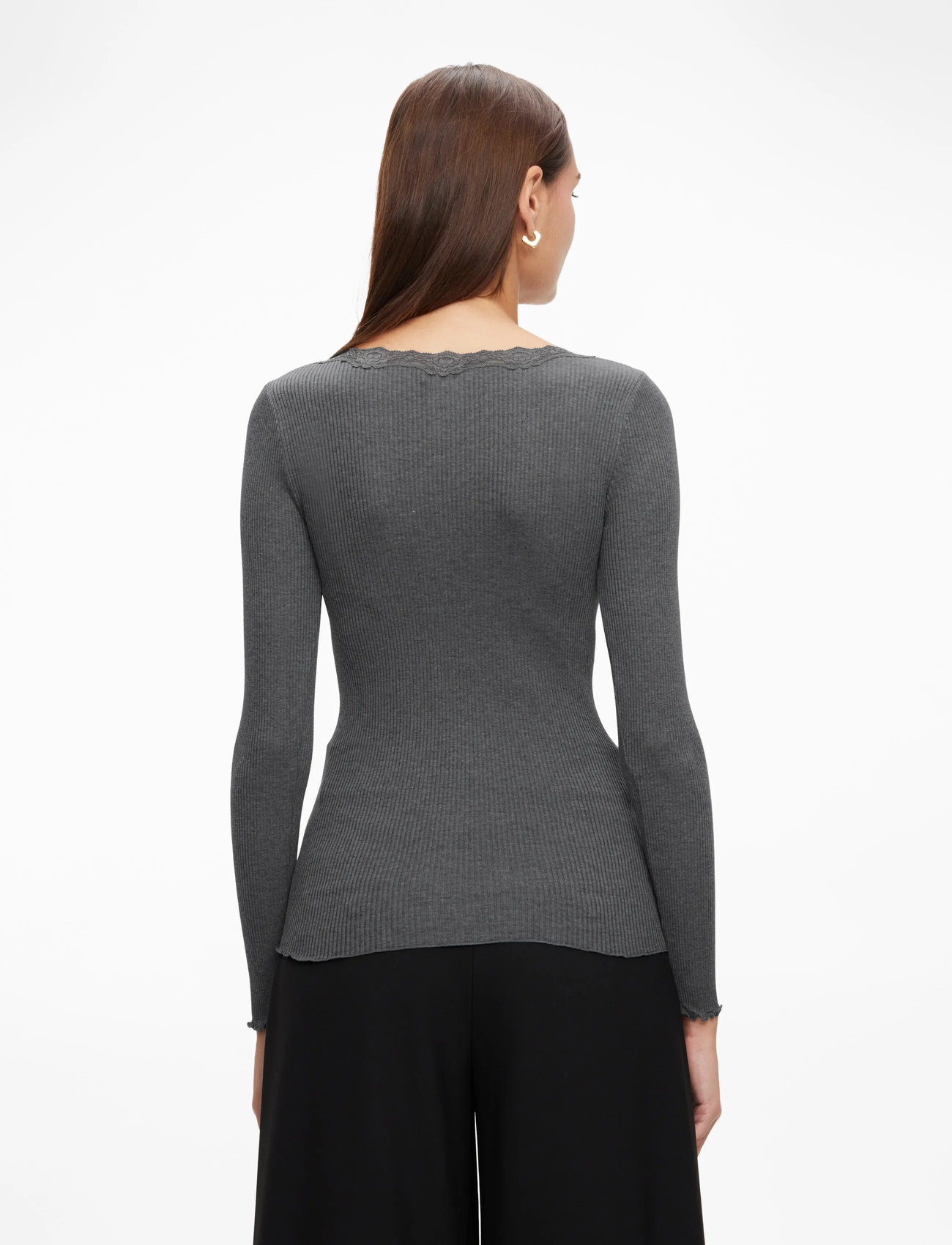 Rosemunde - RWBabette Silk LS U-neck Lace T-shirt - langærmede toppe - dark grey melange - 4