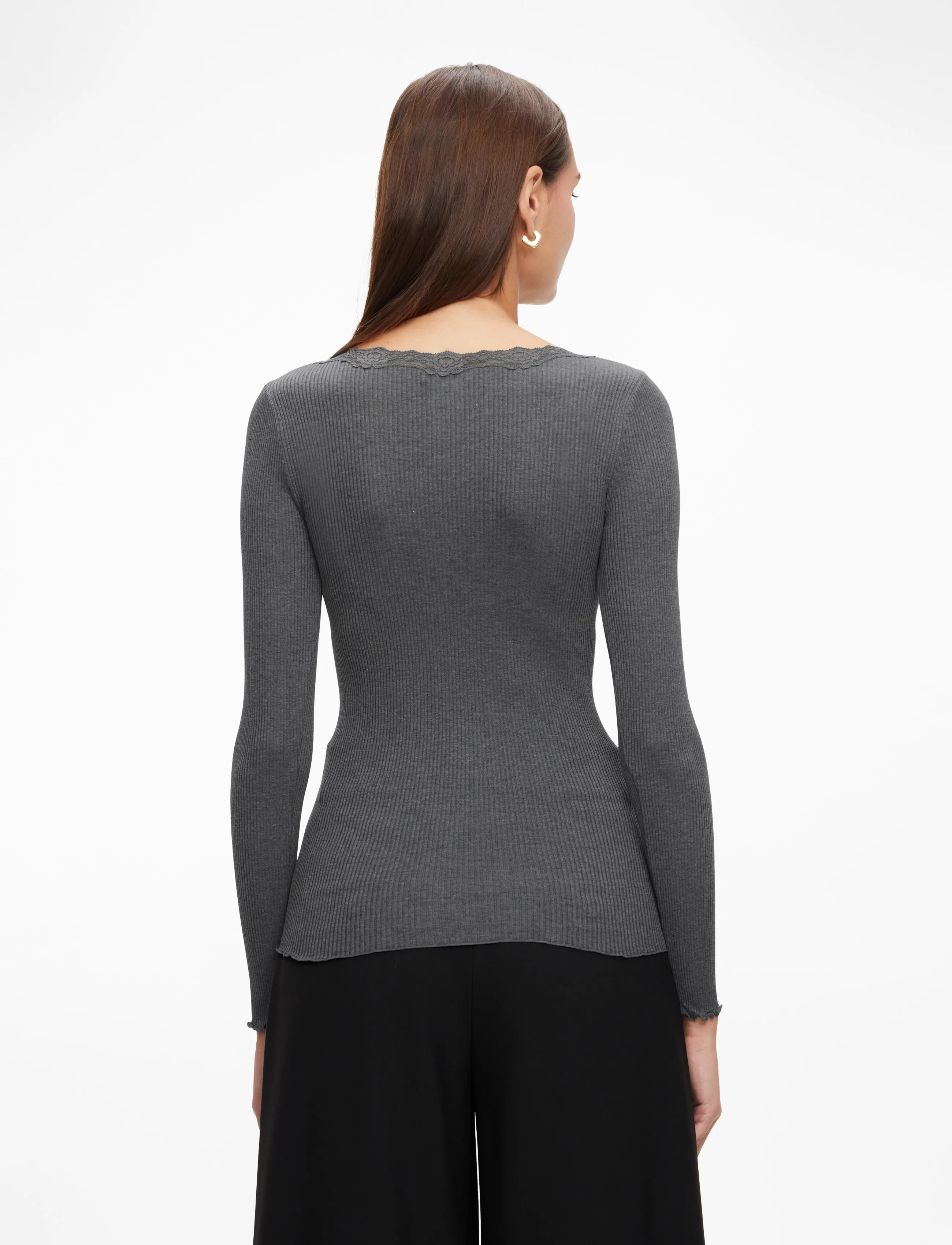 Rosemunde - RWBabette Silk LS U-neck Lace T-shi - langærmede toppe - dark grey melange - 4