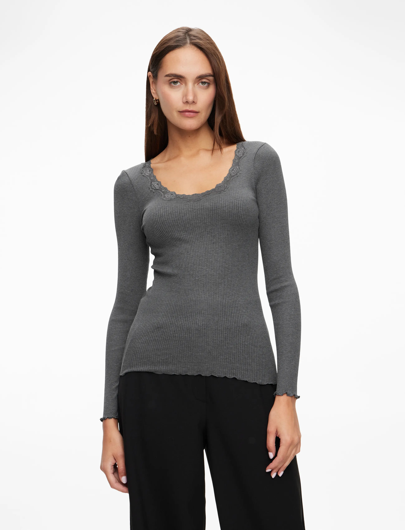 Rosemunde - RWBabette Silk LS U-neck Lace T-shirt - langærmede toppe - dark grey melange - 0