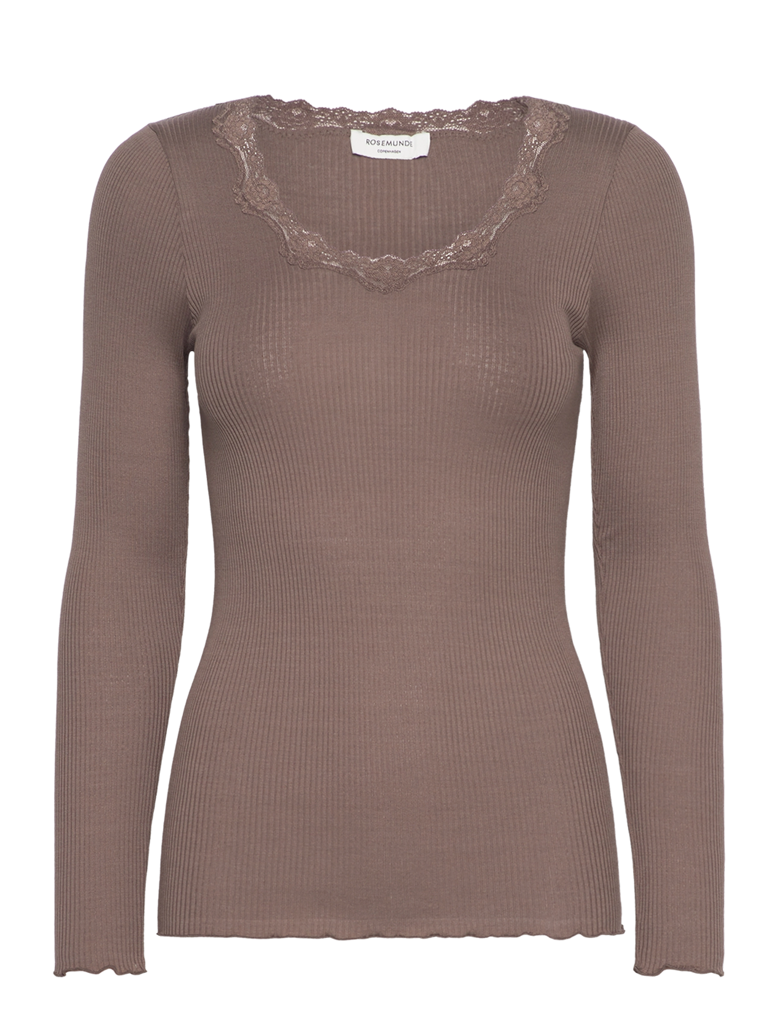 Rosemunde RWBabette Silk LS U-neck Lace T-shirt - Langærmede toppe - FALCON / brown
