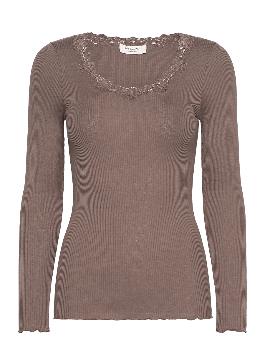 Rosemunde - RWBabette Silk LS U-neck Lace T-shirt - langärmlige tops - falcon - 1