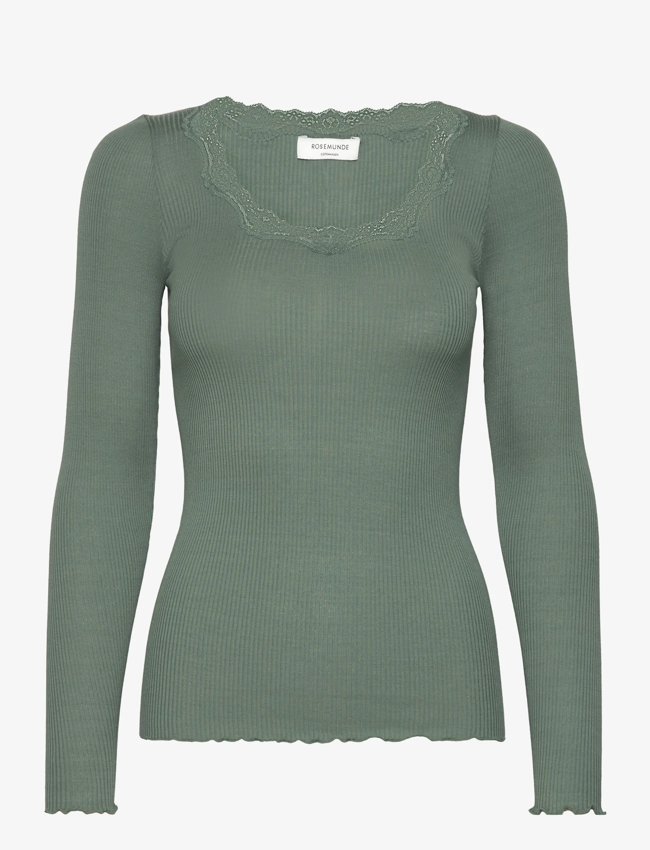 Rosemunde - Silk t-shirt w/ lace - långärmade toppar - forest - 0