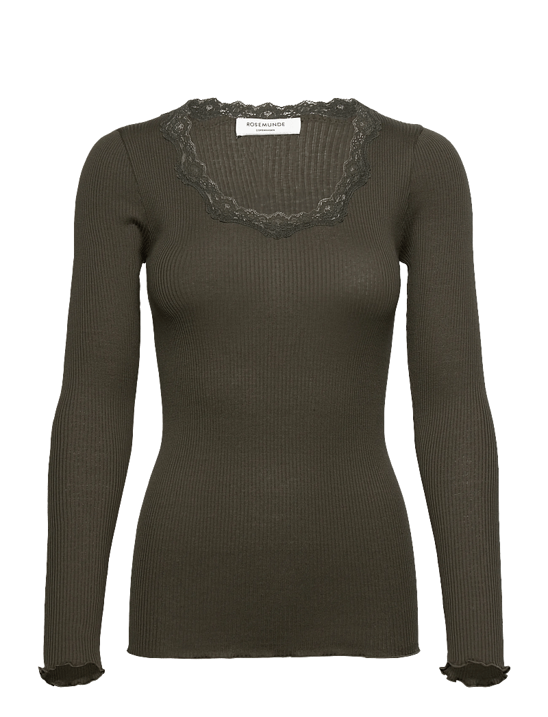 Rosemunde - RWBabette Silk LS U-neck Lace T-shi - långärmade toppar - forrest night - 0
