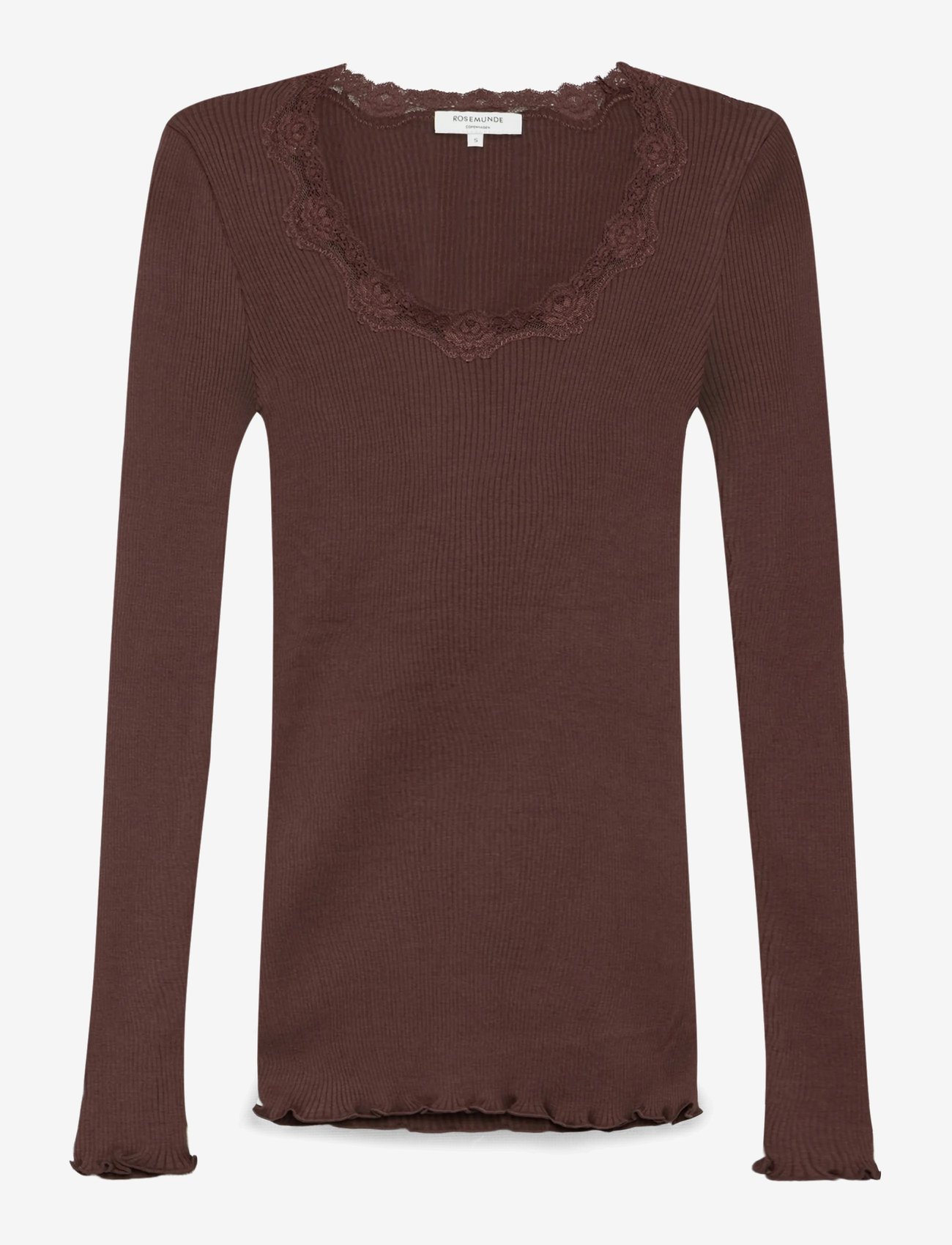 Rosemunde - RWBabette Silk LS U-neck Lace T-shirt - langärmlige tops - fudge - 1