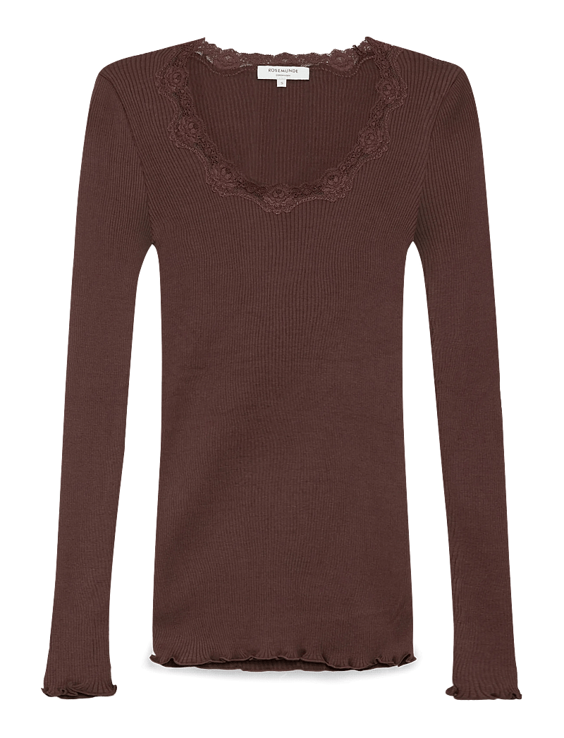 Rosemunde - RWBabette Silk LS U-neck Lace T-shirt - langärmlige tops - fudge - 1