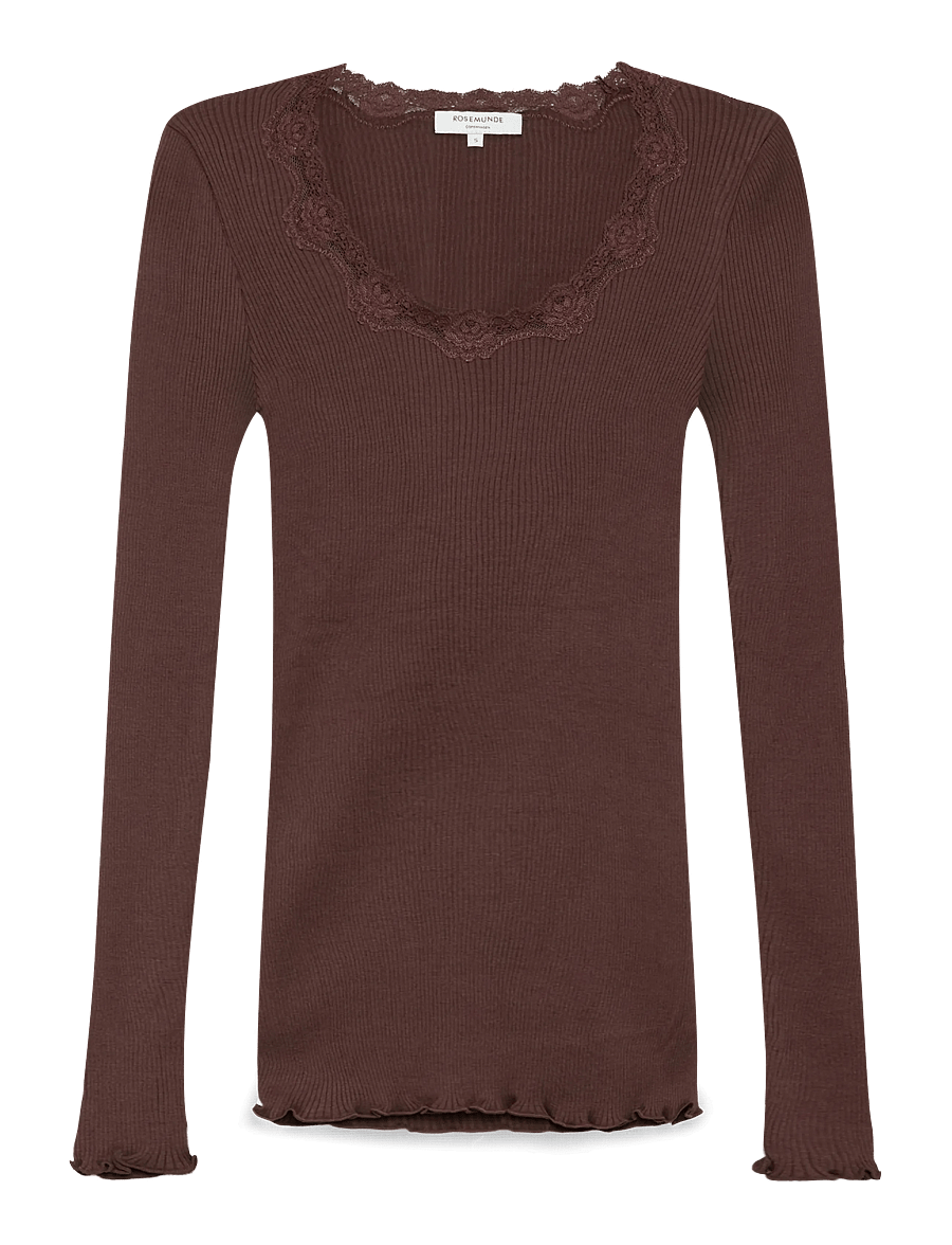 Rosemunde - RWBabette Silk LS U-neck Lace T-shirt - langärmlige tops - fudge - 1