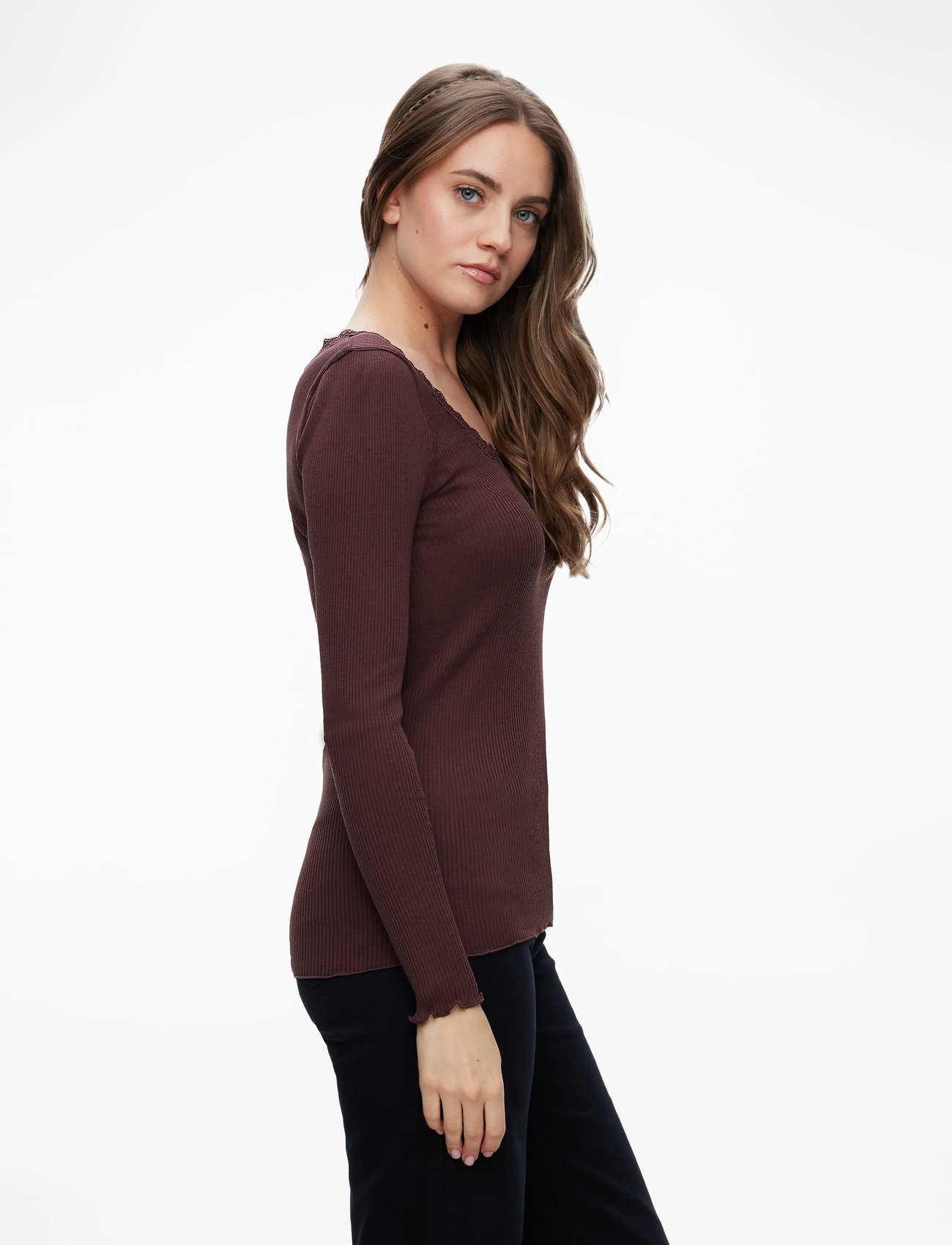 Rosemunde - RWBabette Silk LS U-neck Lace T-shirt - langärmlige tops - fudge - 3