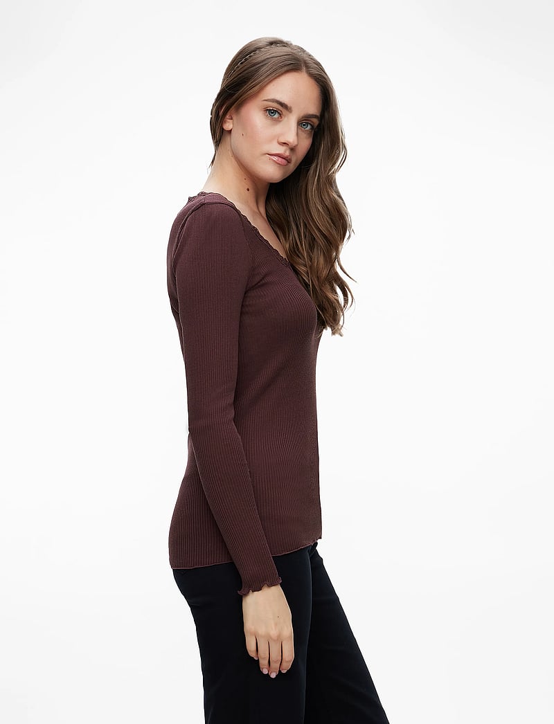 Rosemunde - RWBabette Silk LS U-neck Lace T-shirt - langärmlige tops - fudge - 3