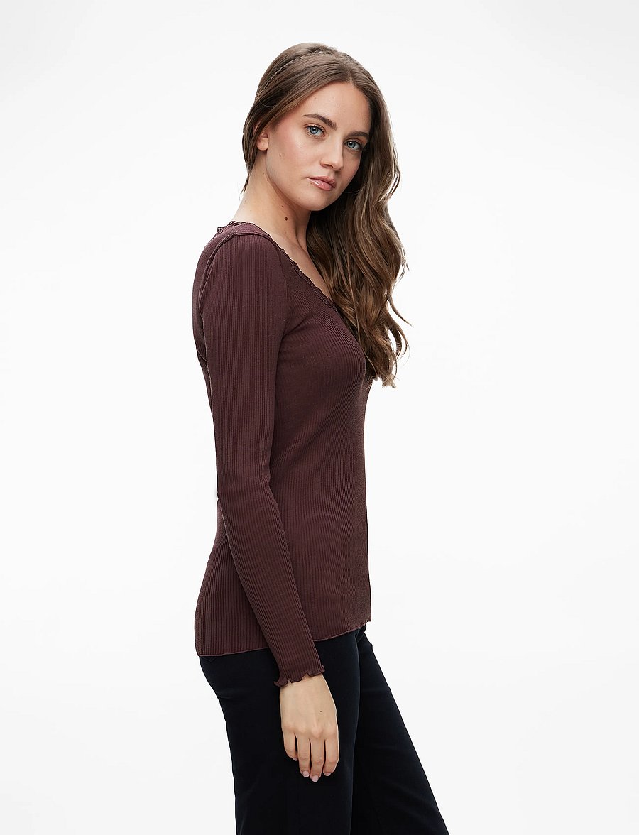 Rosemunde - RWBabette Silk LS U-neck Lace T-shirt - langärmlige tops - fudge - 3