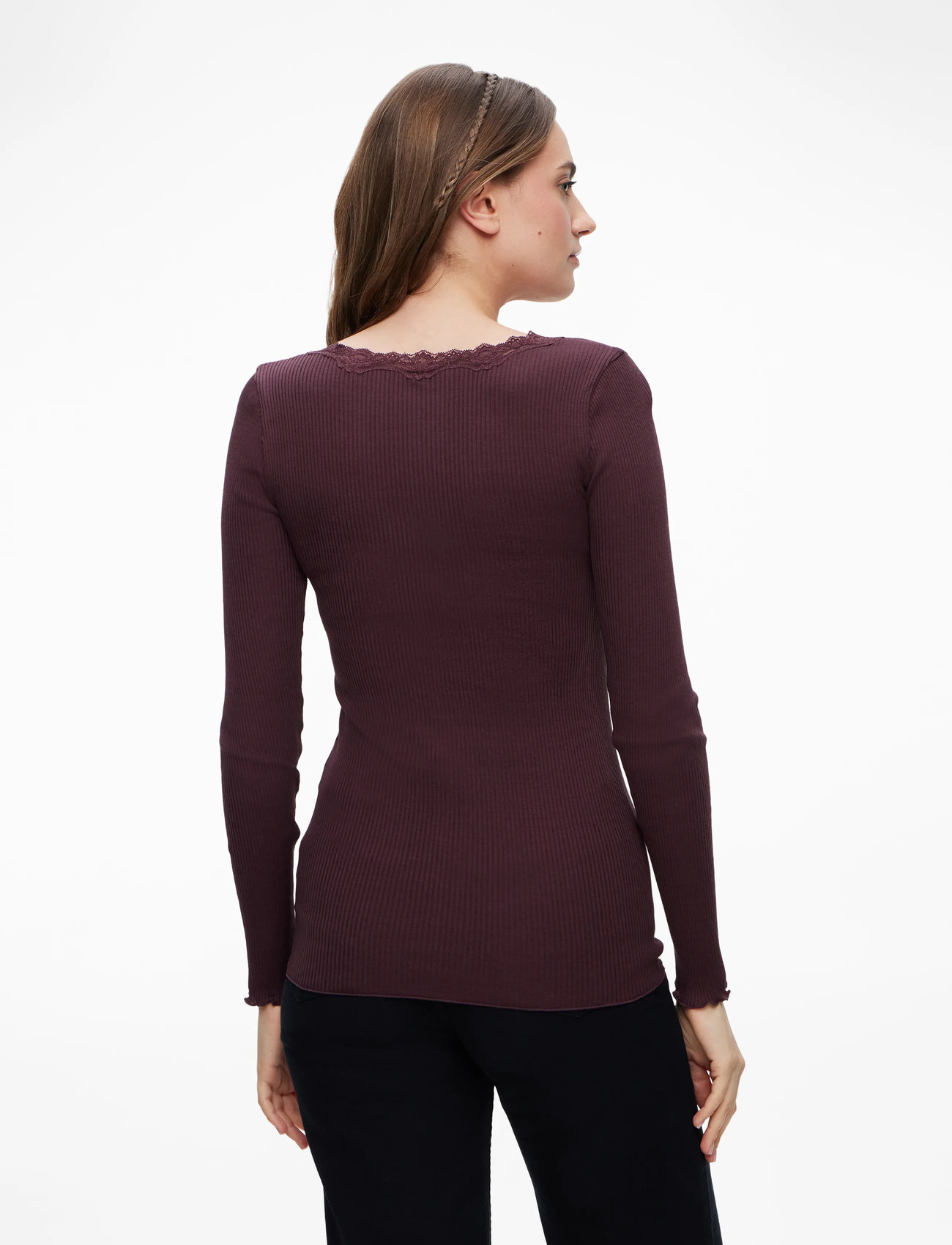 Rosemunde - RWBabette Silk LS U-neck Lace T-shirt - langärmlige tops - fudge - 4