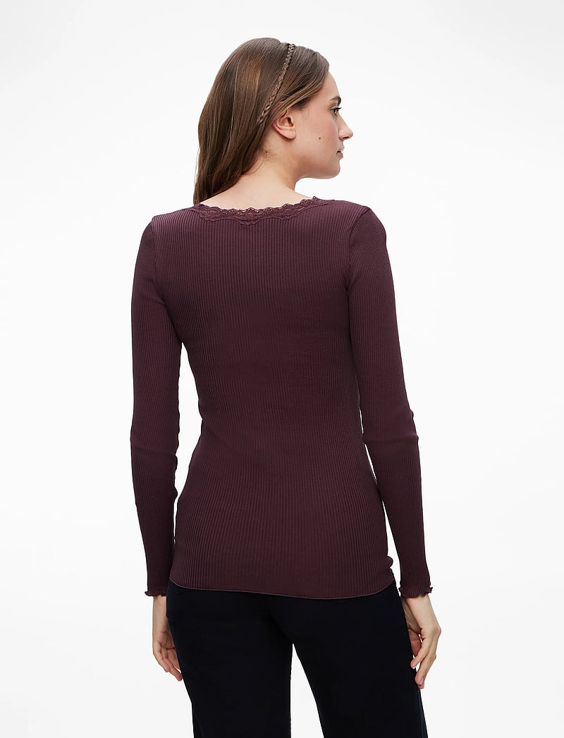 Rosemunde - RWBabette Silk LS U-neck Lace T-shirt - langärmlige tops - fudge - 4