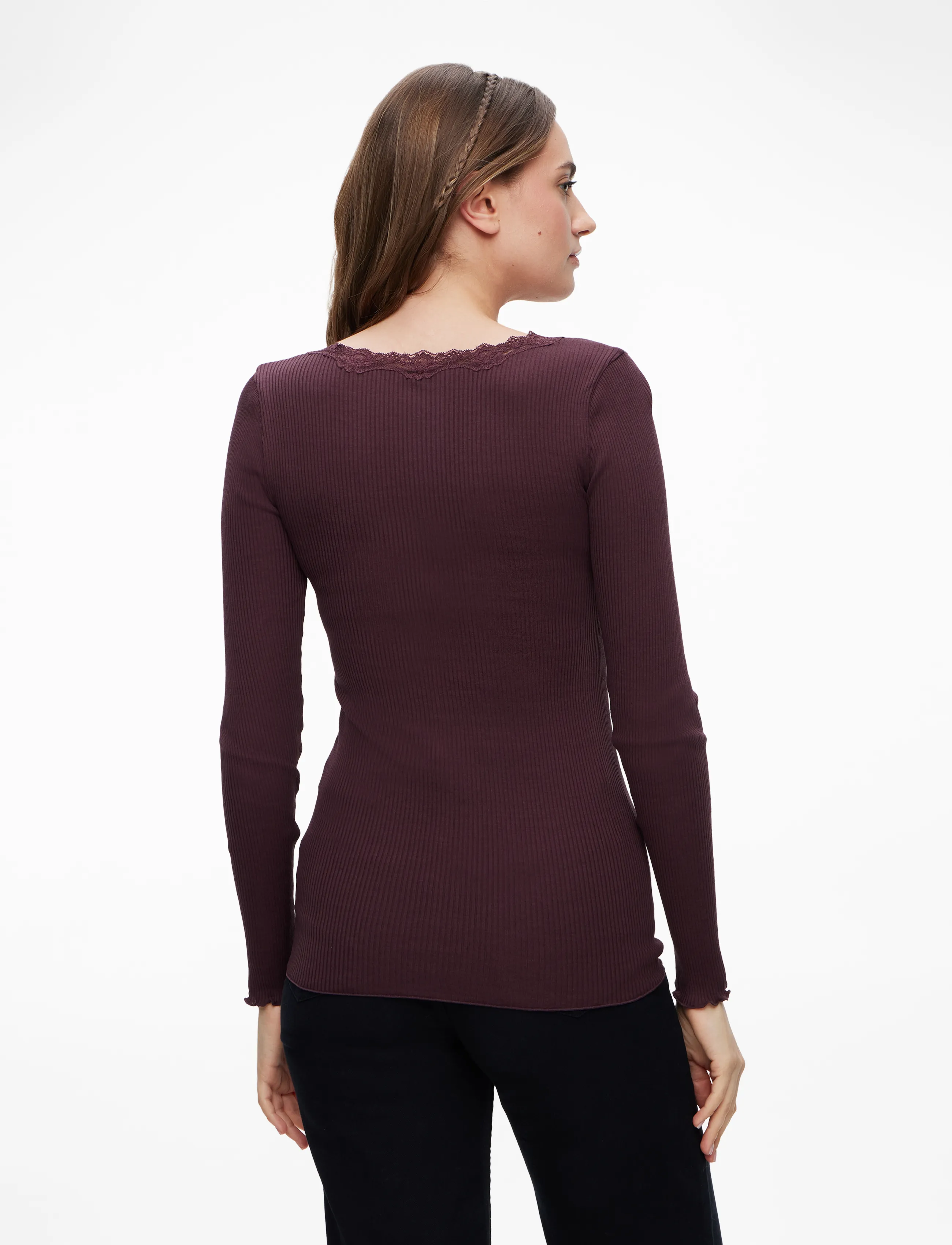 Rosemunde - RWBabette Silk LS U-neck Lace T-shirt - langærmede toppe - fudge - 4