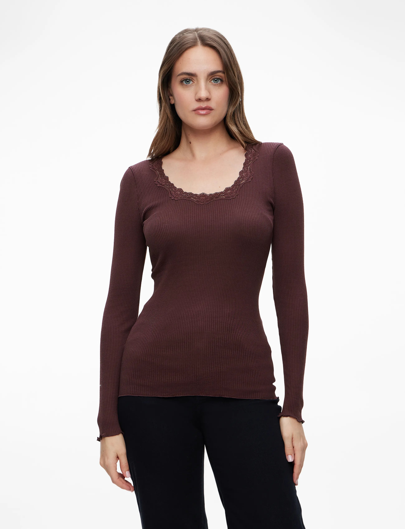 Rosemunde - RWBabette Silk LS U-neck Lace T-shirt - langärmlige tops - fudge - 0