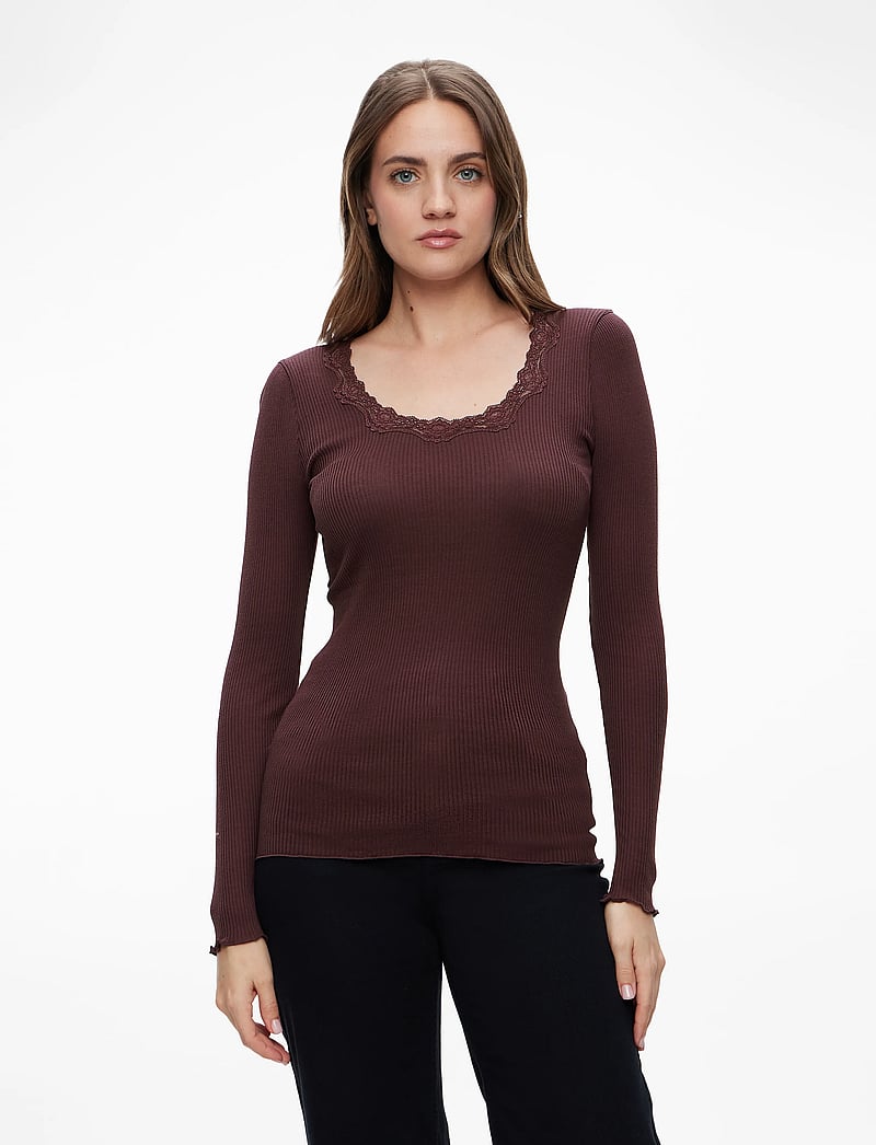 Rosemunde - RWBabette Silk LS U-neck Lace T-shirt - langärmlige tops - fudge - 0