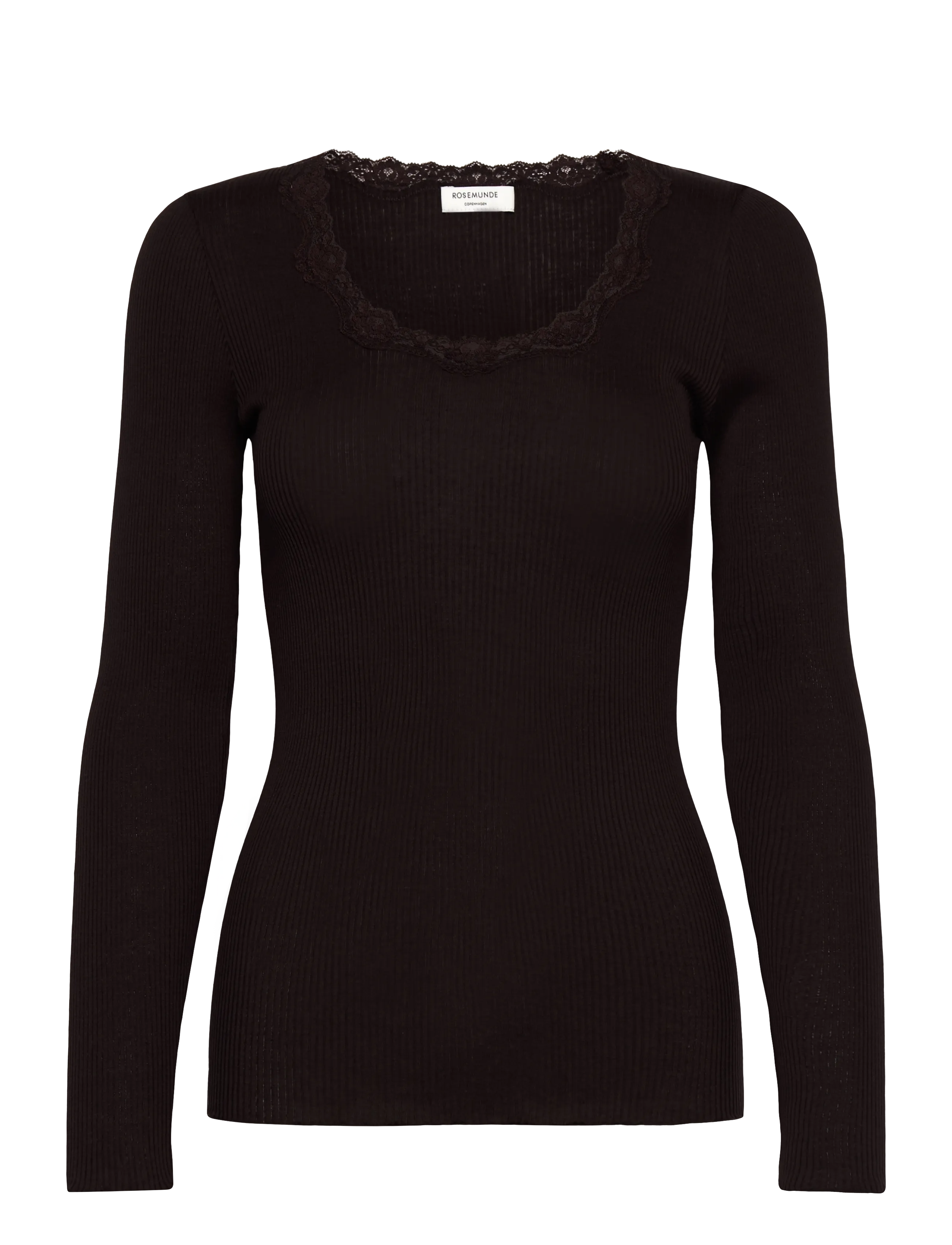 Rosemunde Rwbabette Silk Ls U-Neck Lace T-Shirt, XS, Brown, T-Shirts & Toppe > Langærmede, Dame