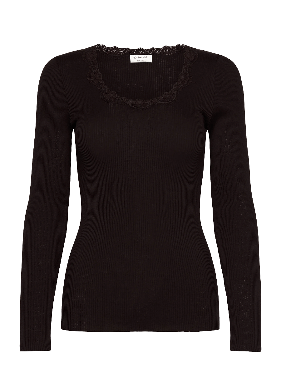 Rosemunde - RWBabette Silk LS U-neck Lace T-shirt - langärmlige tops - ganache - 0