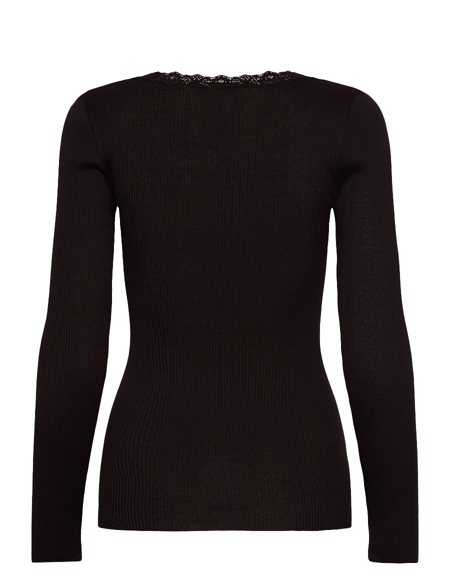 Rosemunde - RWBabette Silk LS U-neck Lace T-shirt - langärmlige tops - ganache - 1