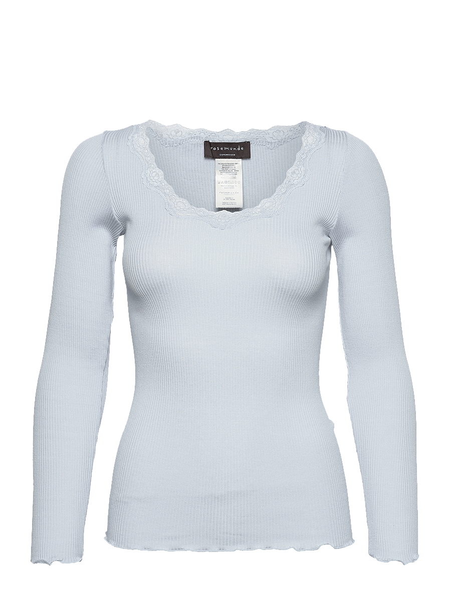 Rosemunde - RWBabette Silk LS U-neck Lace T-shirt - langärmlige tops - heather sky - 0