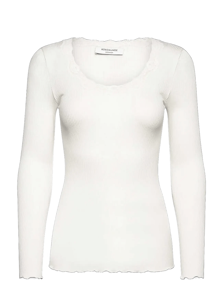 Rosemunde - RWBabette Silk LS U-neck Lace T-shirt - langärmlige tops - ivory - 0