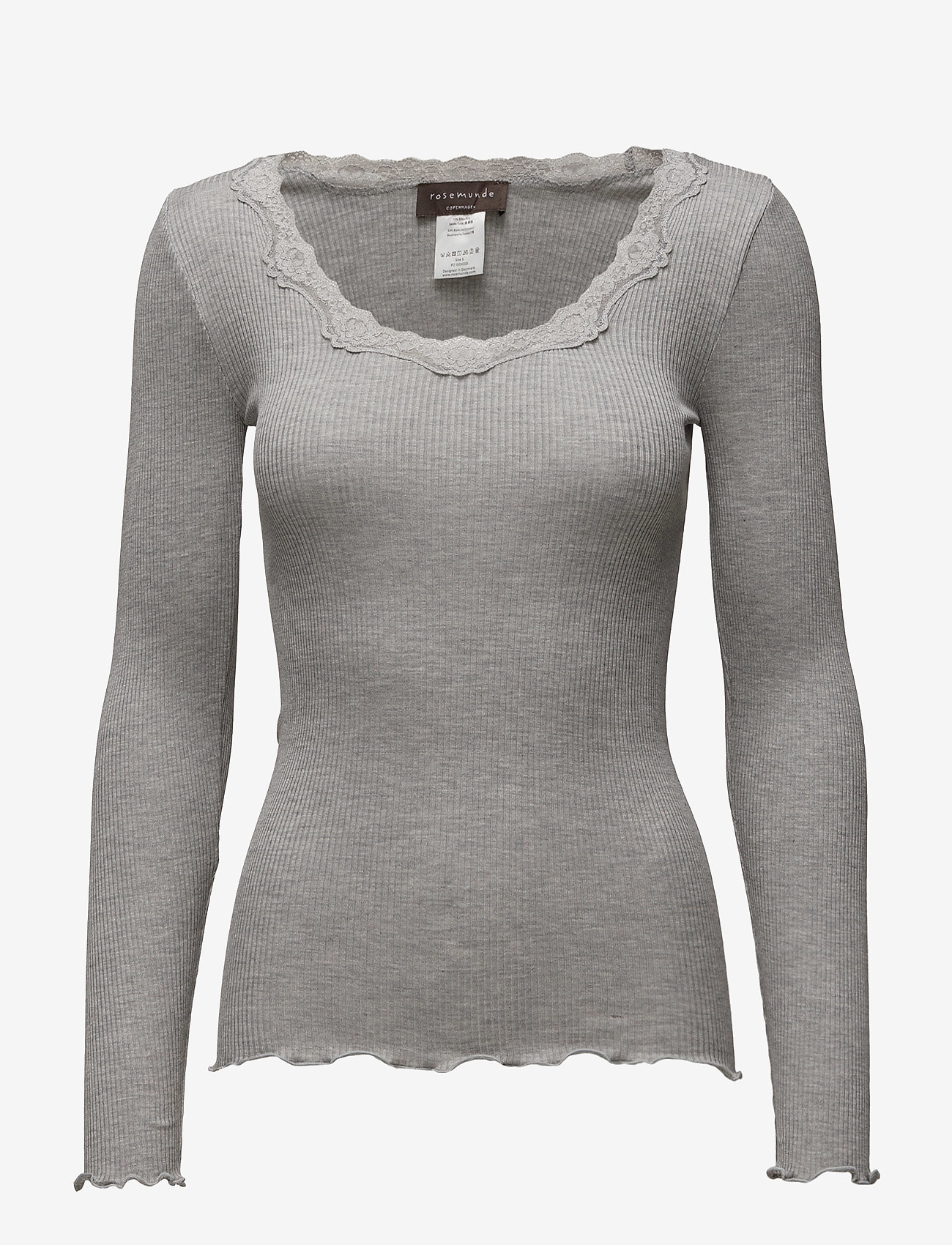 Rosemunde RWBabette Silk LS U-neck Lace T-shirt - Tøj - LIGHT GREY MELANGE / grey