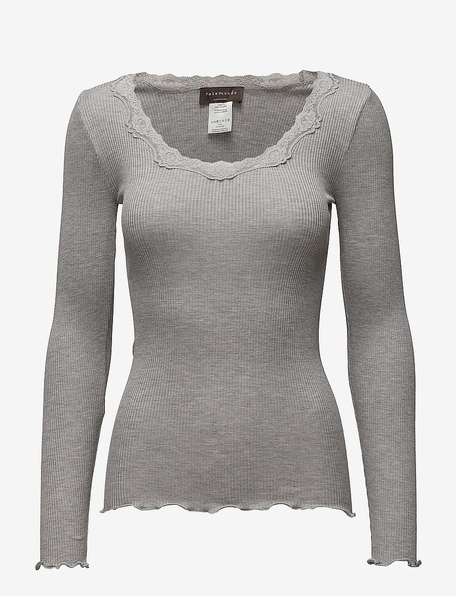 Rosemunde - RWBabette Silk LS U-neck Lace T-shirt - langärmlige tops - light grey melange - 0