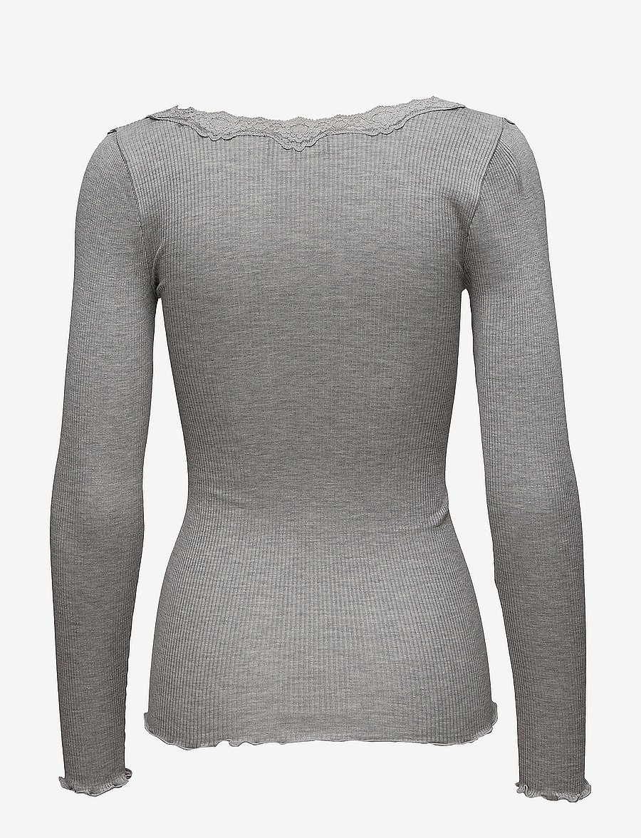 Rosemunde - RWBabette Silk LS U-neck Lace T-shirt - langärmlige tops - light grey melange - 1