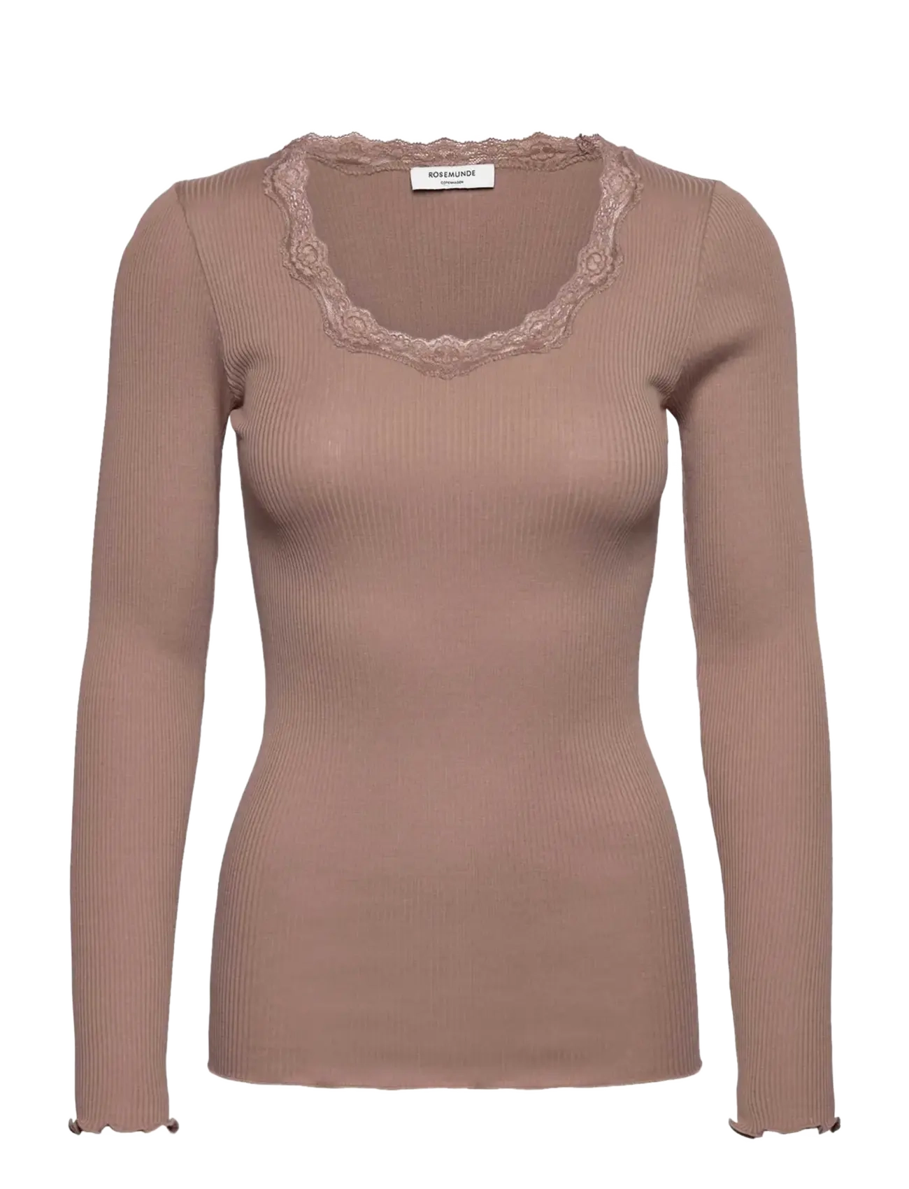 Rosemunde RWBabette Silk LS U-neck Lace T-shirt - T-shirts met lange mouwen - MOCHA MERINGUE / brown