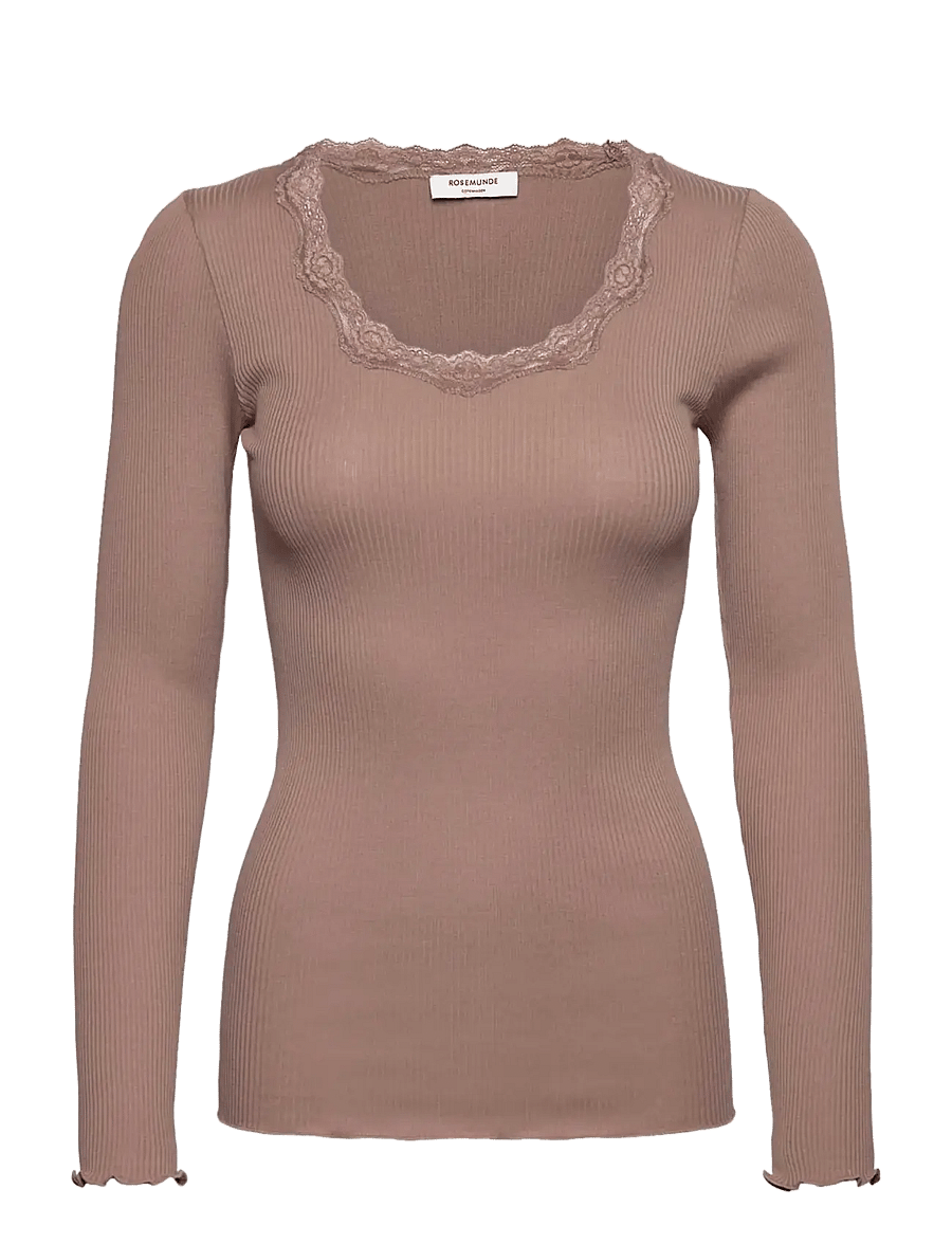 Rosemunde - RWBabette Silk LS U-neck Lace T-shirt - langärmlige tops - mocha meringue - 0
