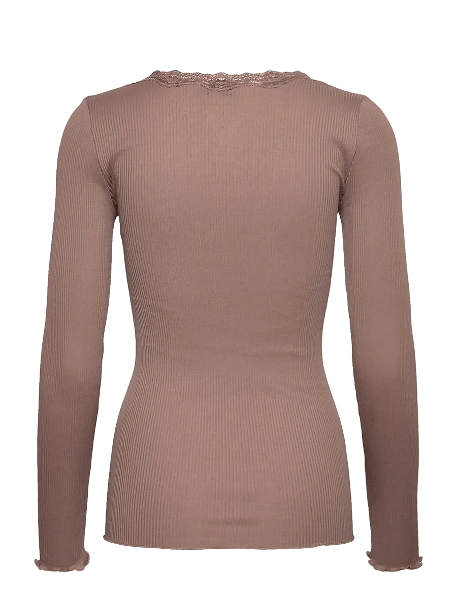 Rosemunde - RWBabette Silk LS U-neck Lace T-shirt - langärmlige tops - mocha meringue - 1