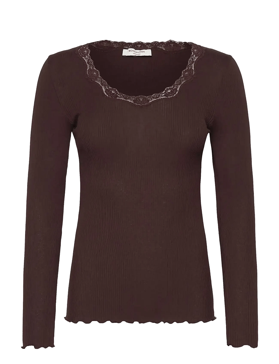 Rosemunde - RWBabette Silk LS U-neck Lace T-shirt - langärmlige tops - mole - 1
