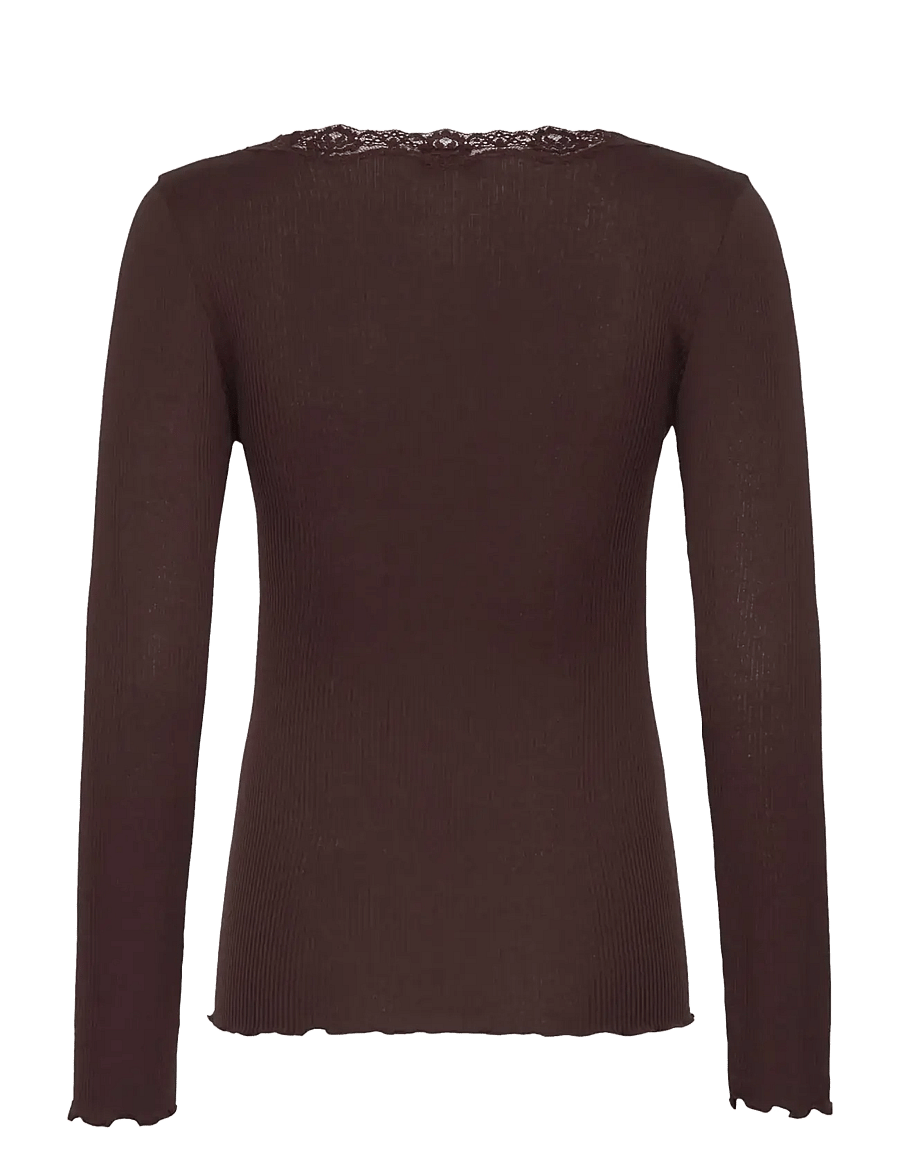 Rosemunde - RWBabette Silk LS U-neck Lace T-shirt - langärmlige tops - mole - 2