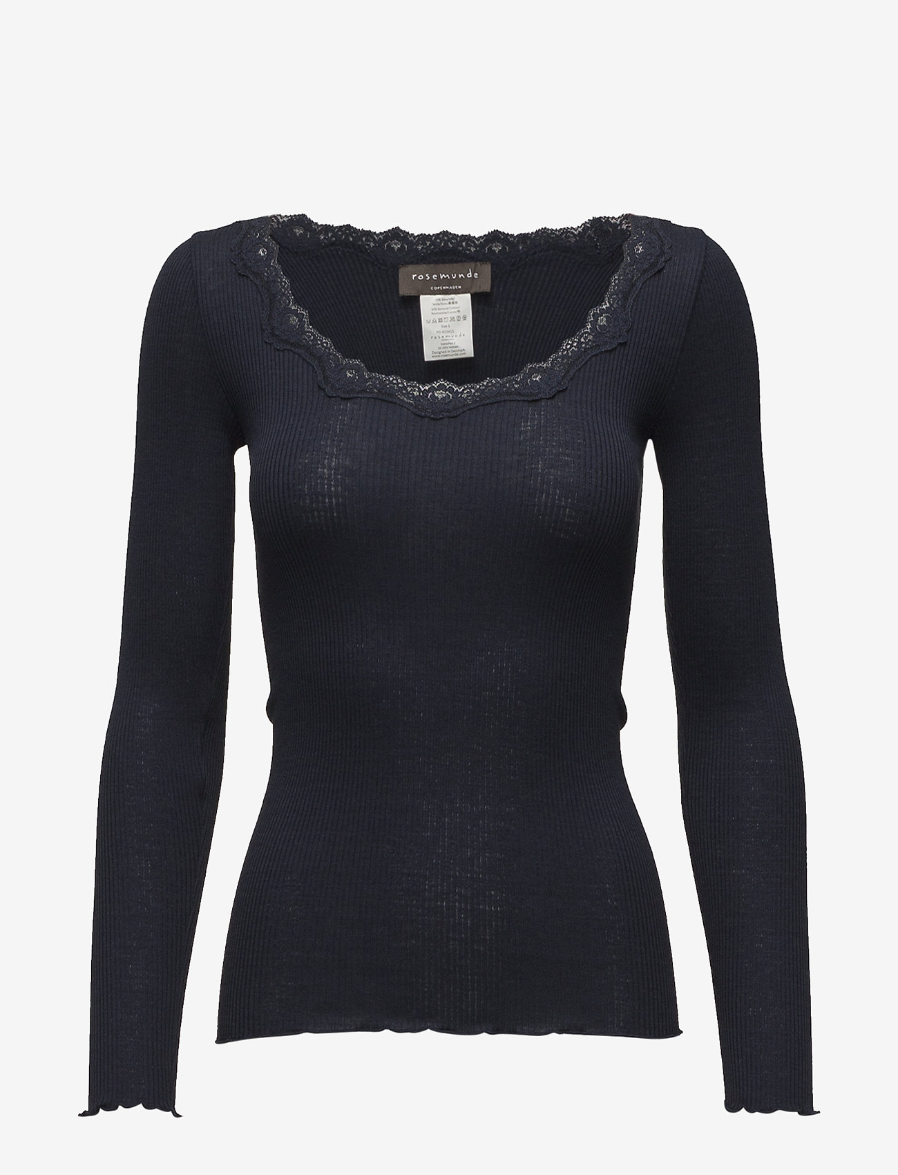 Rosemunde - Silk t-shirt w/ lace - langärmlige tops - navy - 0