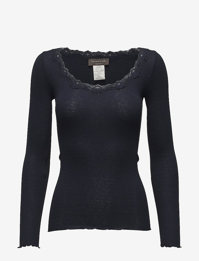 Rosemunde - RWBabette Silk LS U-neck Lace T-shi - langärmlige tops - navy - 0