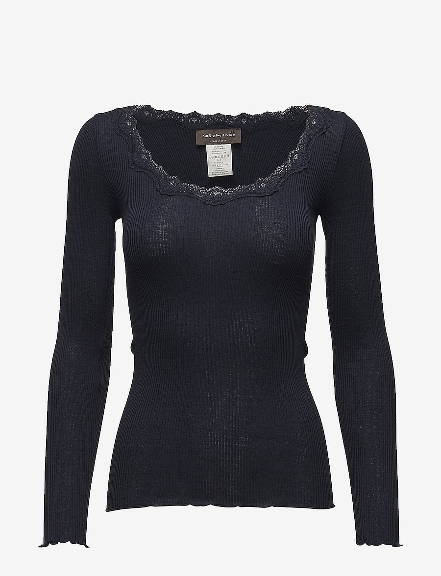 Rosemunde - RWBabette Silk LS U-neck Lace T-shirt - langärmlige tops - navy - 0