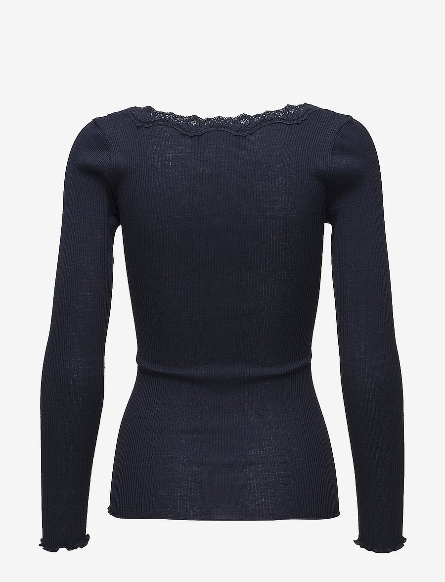 Rosemunde - RWBabette Silk LS U-neck Lace T-shirt - langärmlige tops - navy - 1