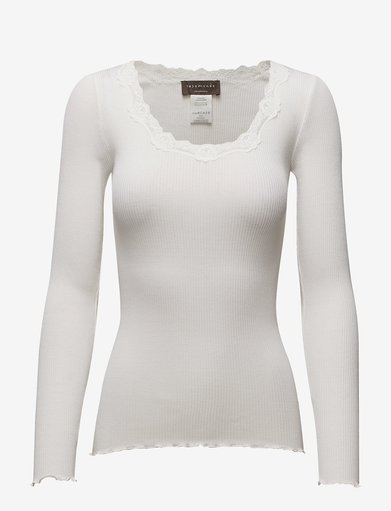 Rosemunde - RWBabette Silk LS U-neck Lace T-shirt - langärmlige tops - new white - 0