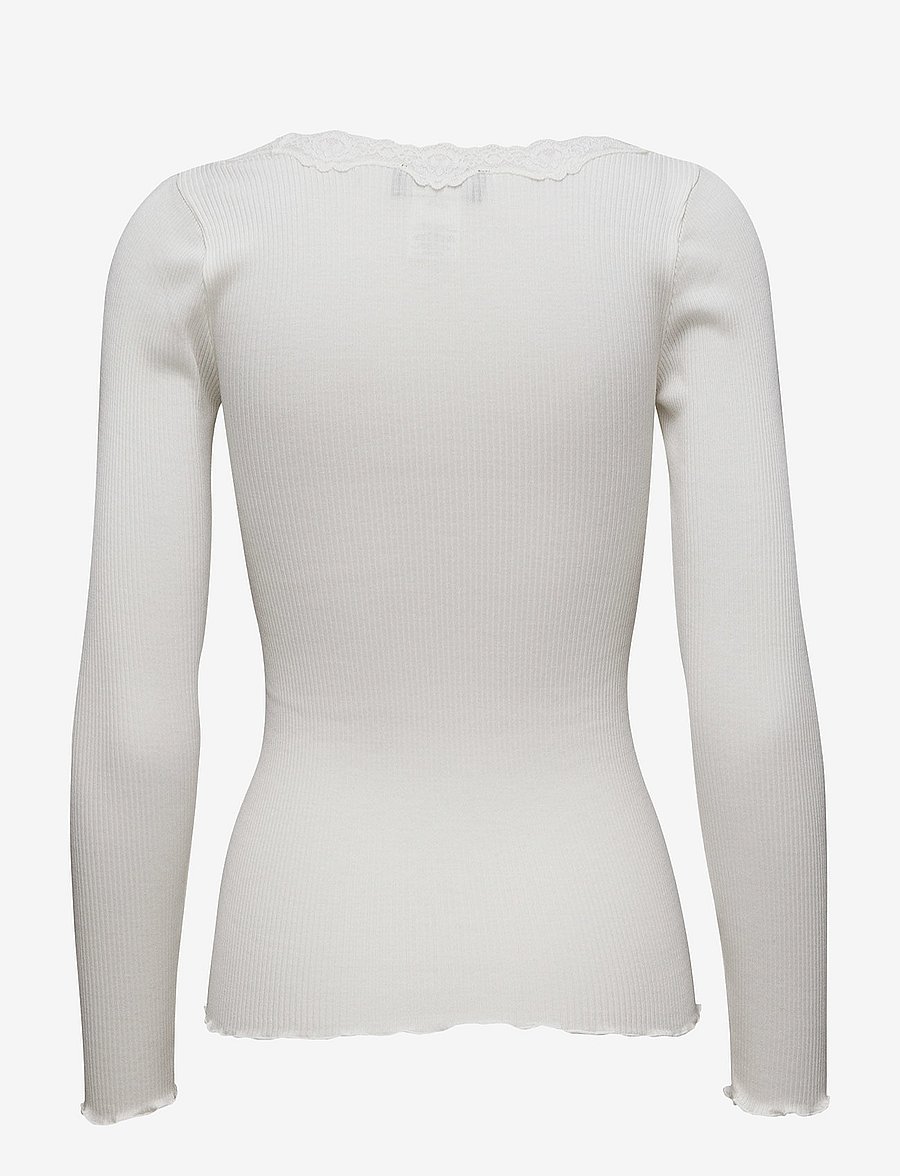 Rosemunde - RWBabette Silk LS U-neck Lace T-shirt - langärmlige tops - new white - 1