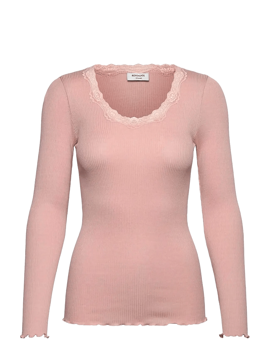 Rosemunde - RWBabette Silk LS U-neck Lace T-shirt - langärmlige tops - rose smoke - 0