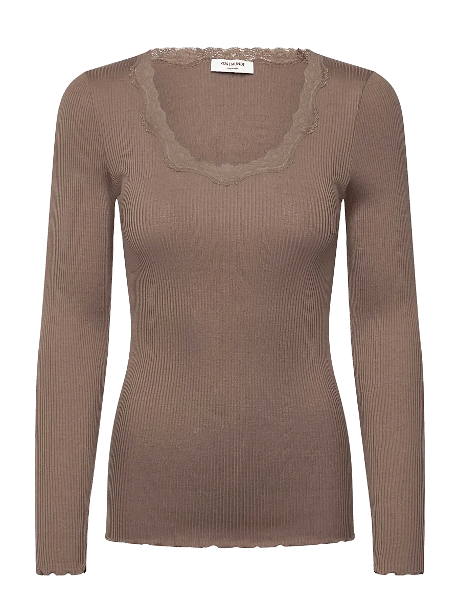 Rosemunde - RWBabette Silk LS U-neck Lace T-shirt - langärmlige tops - walnut - 0