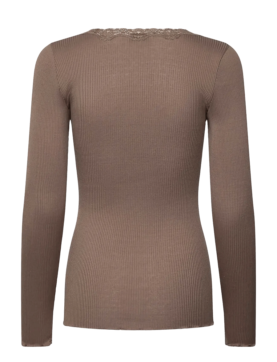 Rosemunde - RWBabette Silk LS U-neck Lace T-shirt - langärmlige tops - walnut - 1