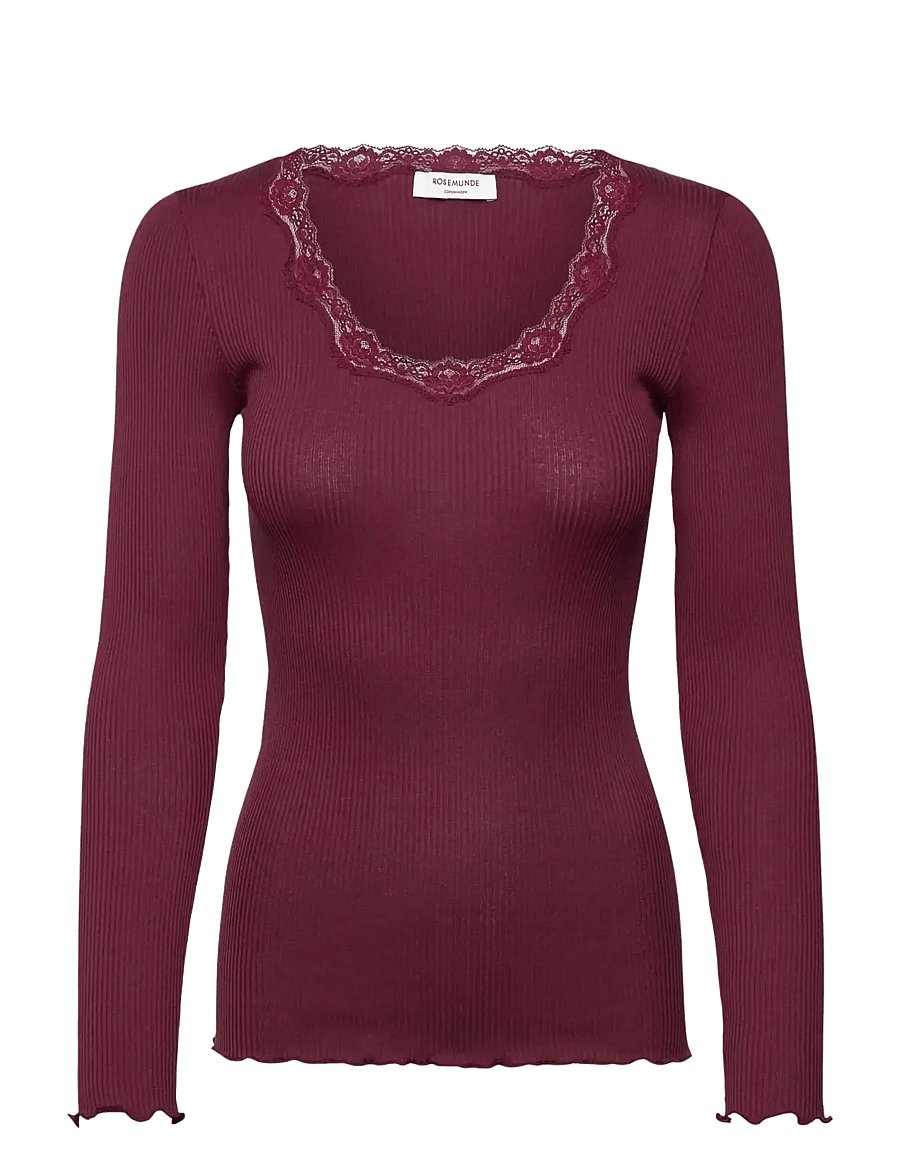 Rosemunde - RWBabette Silk LS U-neck Lace T-shirt - langärmlige tops - windsor wine - 0