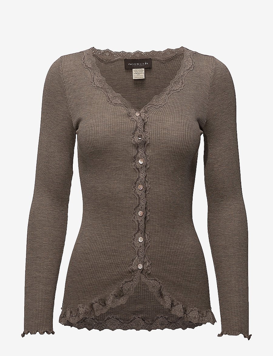 Rosemunde - RWBabette Silk LS V-neck Lace Cardigan - kardiganid - brown melange - 0