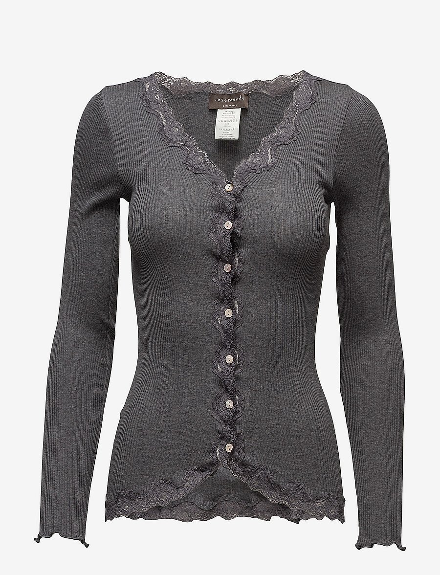 Rosemunde - RWBabette Silk LS V-neck Lace Cardigan - strickjacken - dark grey melange - 1