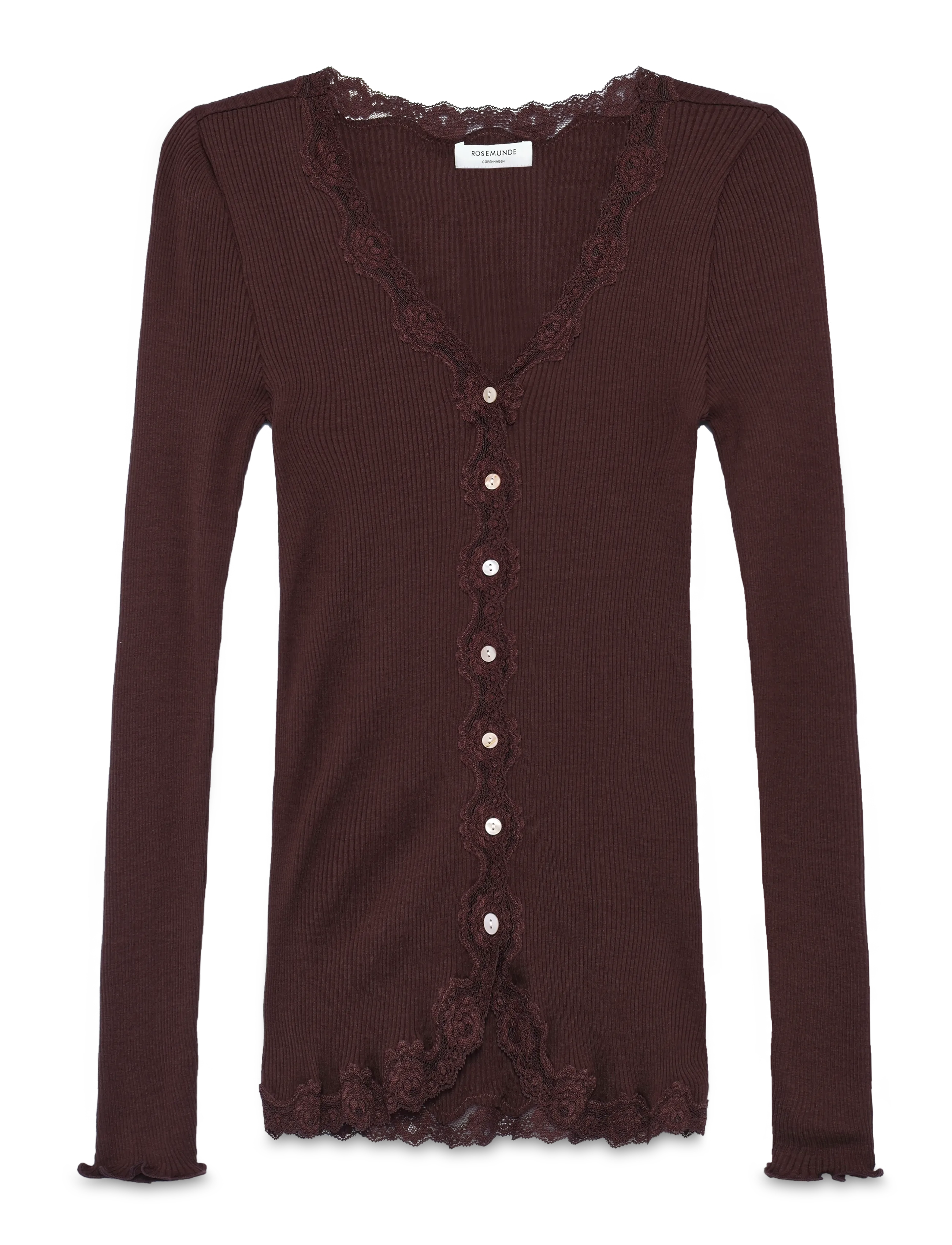 Rosemunde RWBabette Silk LS V-neck Lace Cardi - Cardigans - FUDGE / brown