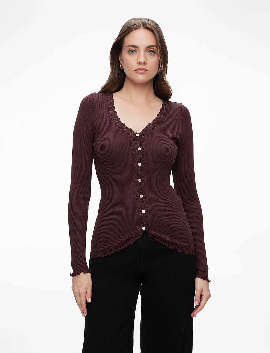 Rosemunde - Silk cardigan w/ lace - koftor - fudge - 0