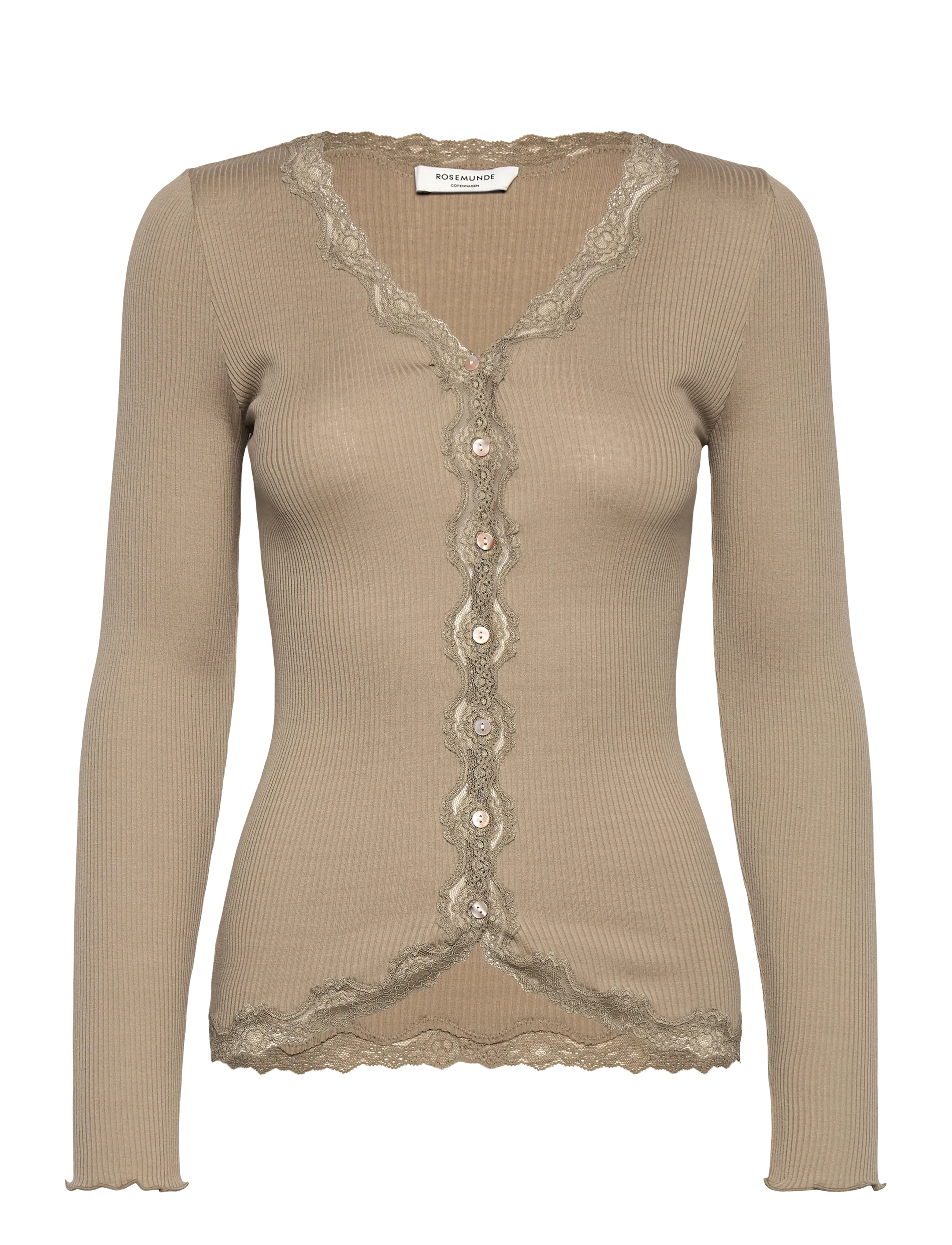 Rosemunde RWBabette Silk LS V-neck Lace Cardi - Cardigans - LAUREL OAK / beige